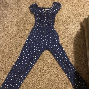 Navy blue and white polka dotted jumpsuit